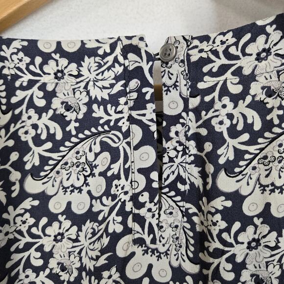 Loft Belted Top Sz S Blue White Floral Print Back Keyhole Long Sleeve Button - Picture 7 of 13